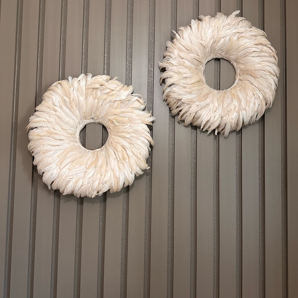 Feather Wall Wreath Pair - Cream Decorative Home Accent SET OF 2